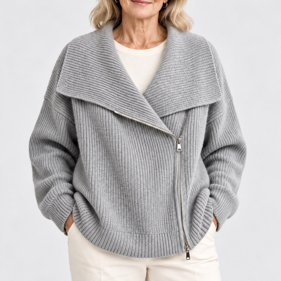 Close-up of the Linda Wide Lapel Double-Zip Knit Cardigan in Grey