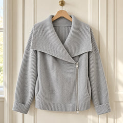The Linda Wide Lapel Double-Zip Knit Cardigan in Grey on a hanger
