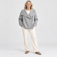 The Linda Wide Lapel Double-Zip Knit Cardigan in Grey