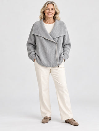 The Linda Wide Lapel Double-Zip Knit Cardigan in Grey