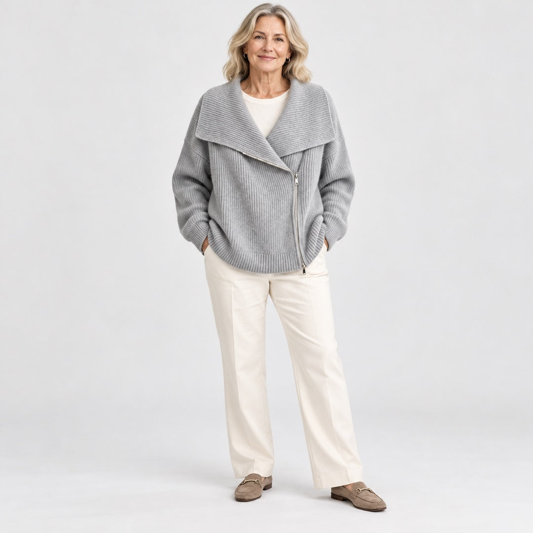 The Linda Wide Lapel Double-Zip Knit Cardigan in Grey