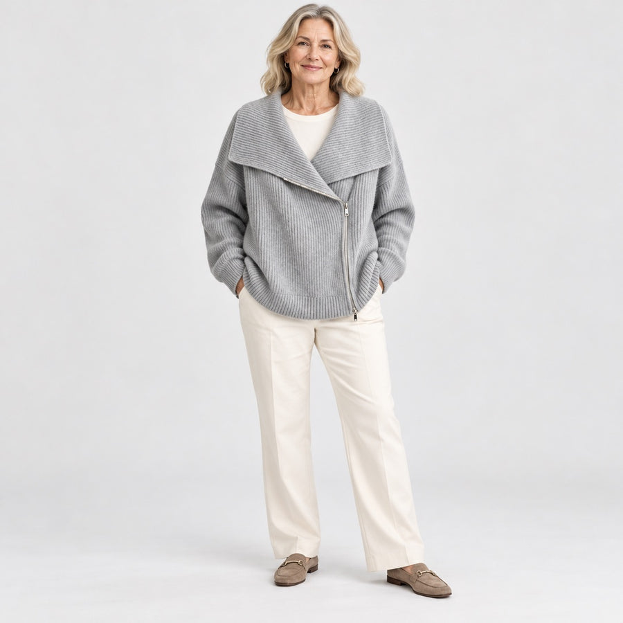The Linda Wide Lapel Double-Zip Knit Cardigan in Grey