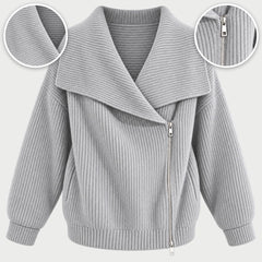 The Linda Wide Lapel Double-Zip Knit Cardigan in Grey, with close-ups of the details