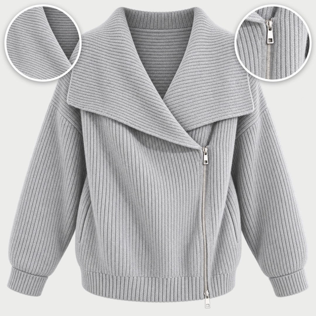 The Linda Wide Lapel Double-Zip Knit Cardigan in Grey, with close-ups of the details
