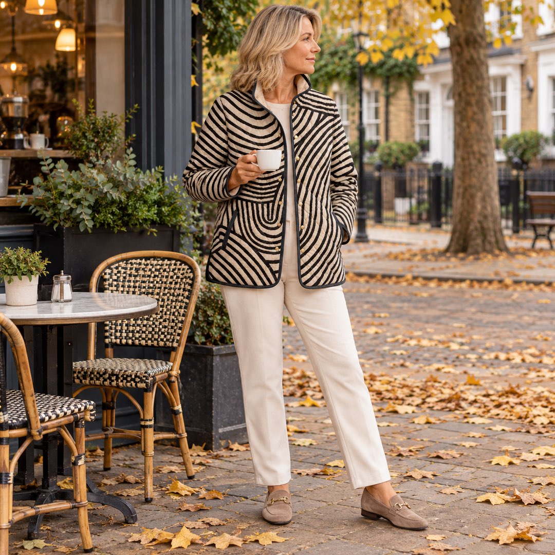 A woman wearing the Lisa Swirl Print Quilted Stand Collar Jacket in Black Cream Swirl