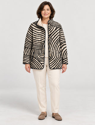 The Lisa Swirl Print Quilted Stand Collar Jacket in Black Cream Swirl