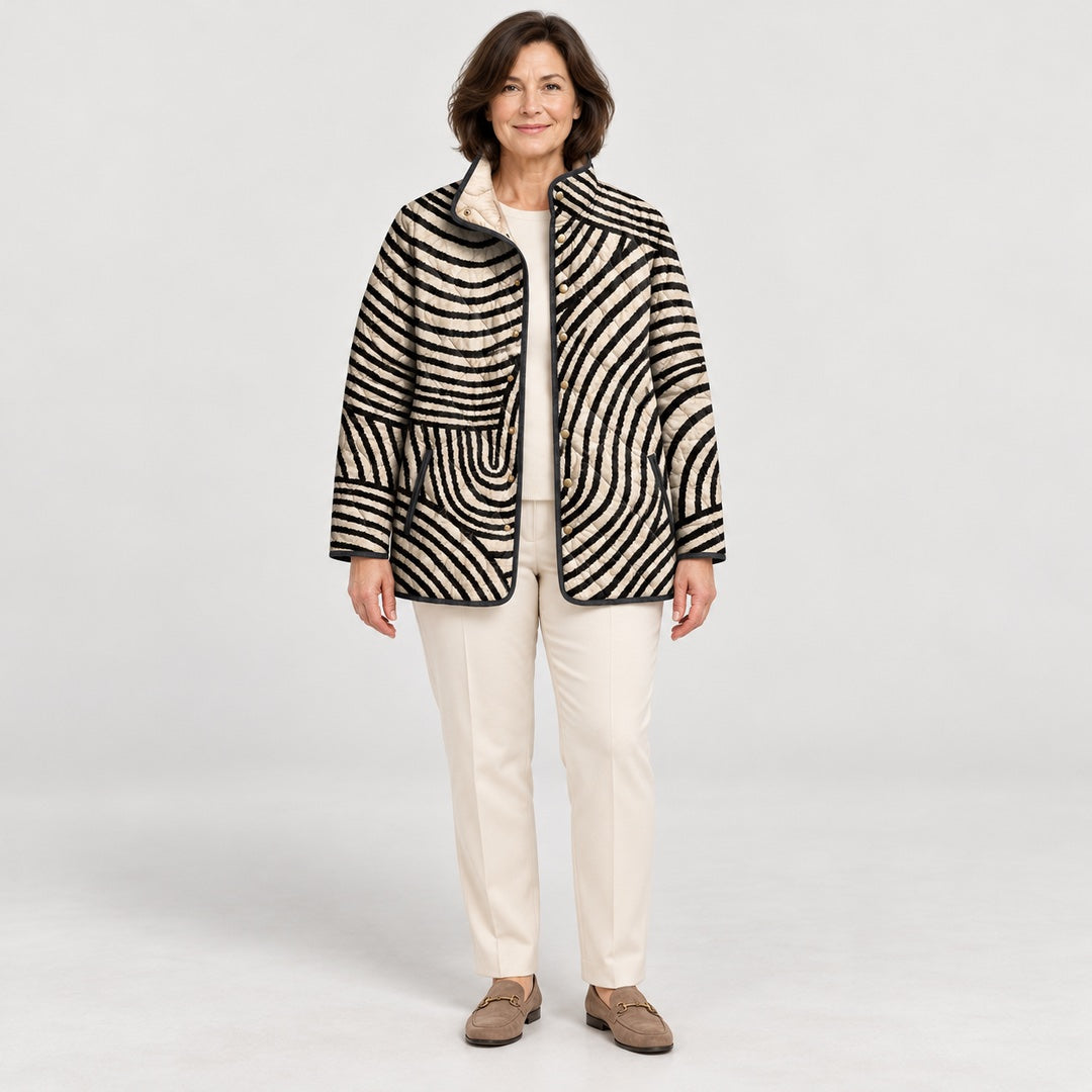 The Lisa Swirl Print Quilted Stand Collar Jacket in Black Cream Swirl