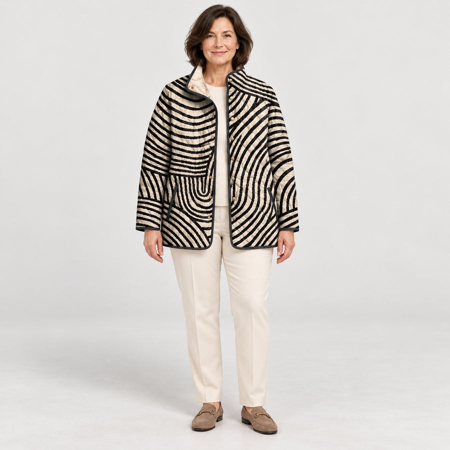 The Lisa Swirl Print Quilted Stand Collar Jacket in Black Cream Swirl