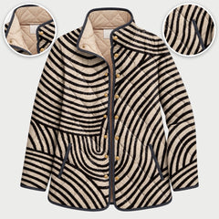 The Lisa Swirl Print Quilted Stand Collar Jacket in Black Cream Swirl, with close-ups of the details