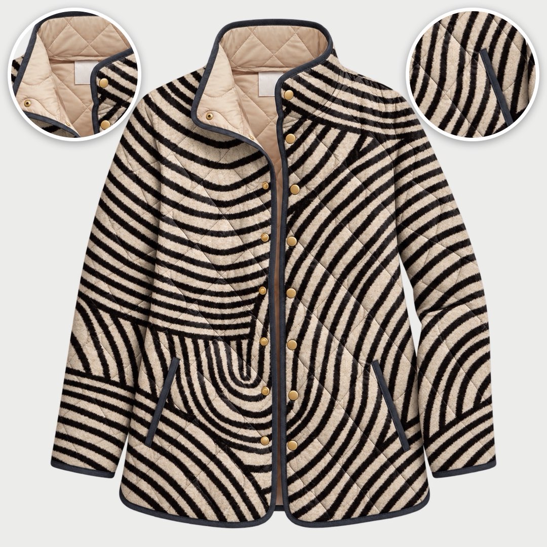 The Lisa Swirl Print Quilted Stand Collar Jacket in Black Cream Swirl, with close-ups of the details
