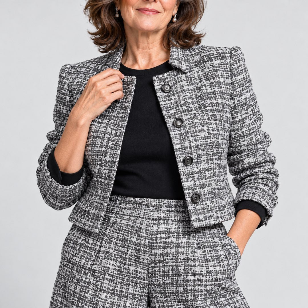 Lois Tweed-Look Cropped Jacket and Wide-Leg Trouser Set in Silver Grey, a closer look at the fit