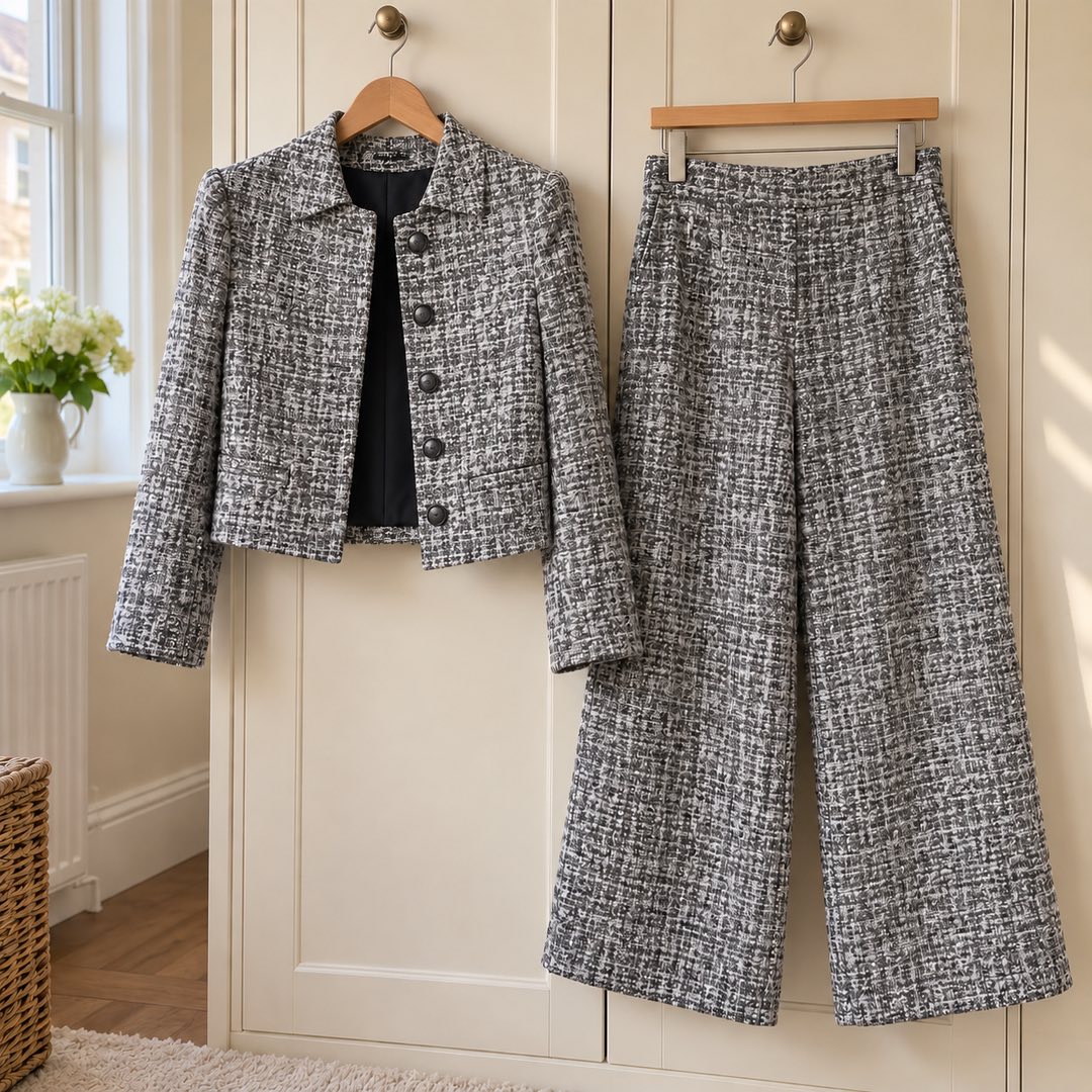 Lois Tweed-Look Cropped Jacket and Wide-Leg Trouser Set in Silver Grey on a hanger