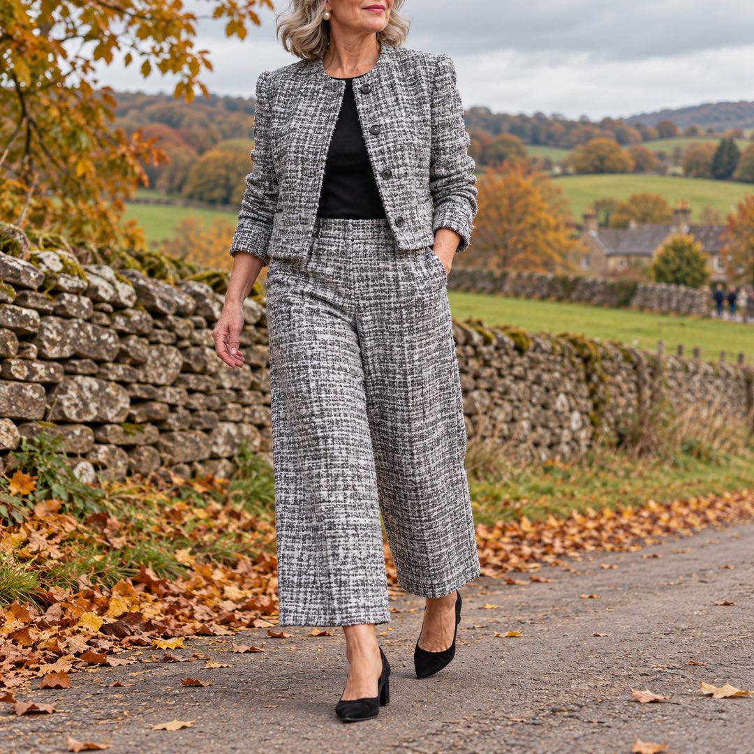 Lois Tweed-Look Cropped Jacket and Wide-Leg Trouser Set in Silver Grey, worn out and about