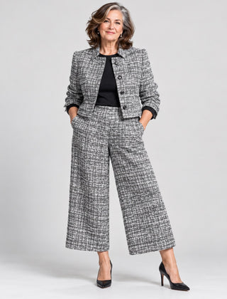 Lois Tweed-Look Cropped Jacket and Wide-Leg Trouser Set in Silver Grey