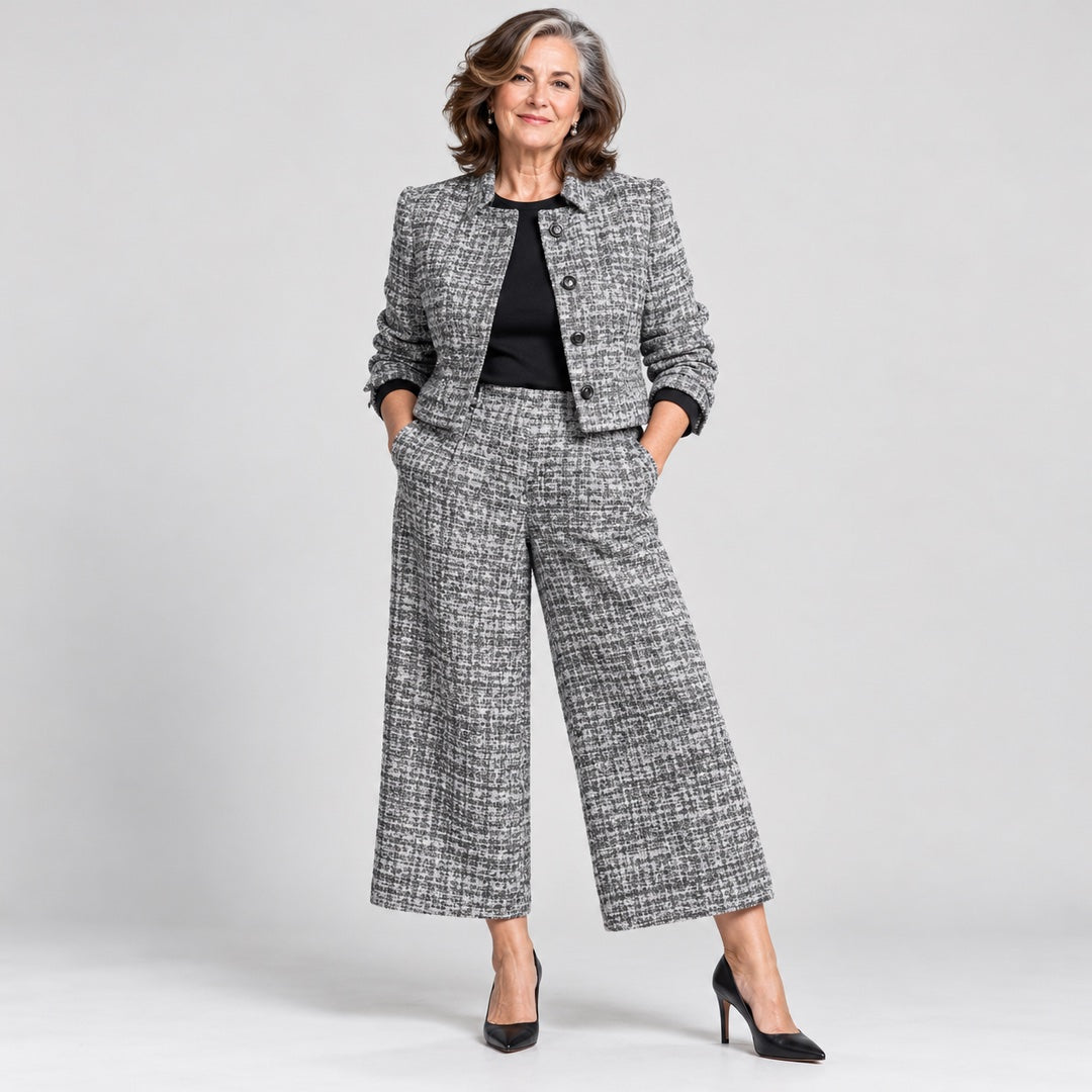 Lois Tweed-Look Cropped Jacket and Wide-Leg Trouser Set in Silver Grey