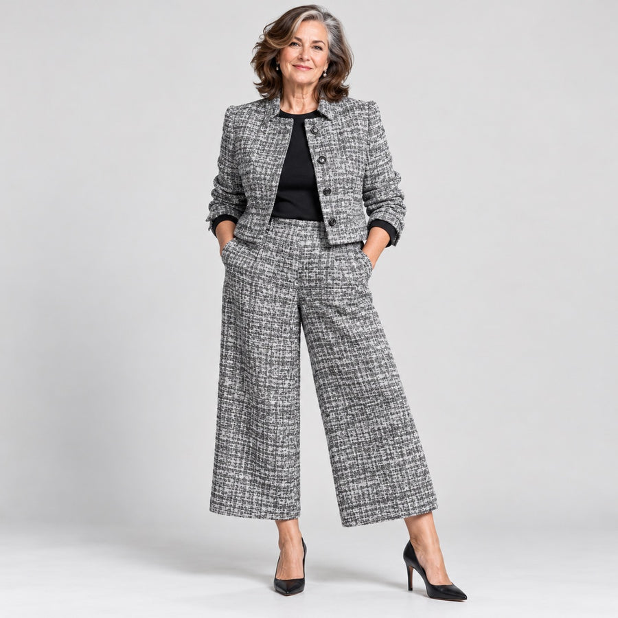Lois Tweed-Look Cropped Jacket and Wide-Leg Trouser Set in Silver Grey