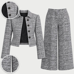 Lois Tweed-Look Cropped Jacket and Wide-Leg Trouser Set in Silver Grey, with close-ups of the details