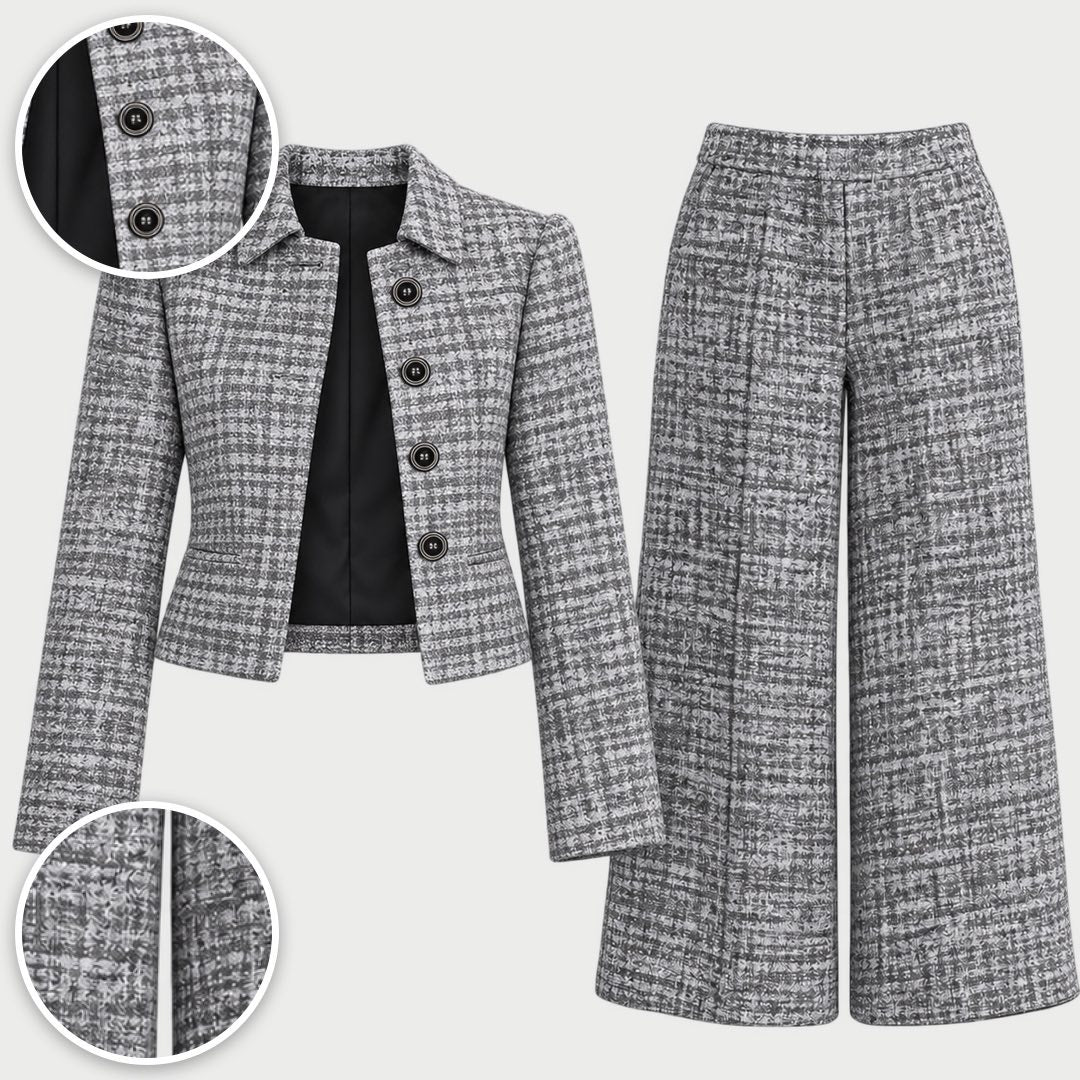 Lois Tweed-Look Cropped Jacket and Wide-Leg Trouser Set in Silver Grey, with close-ups of the details
