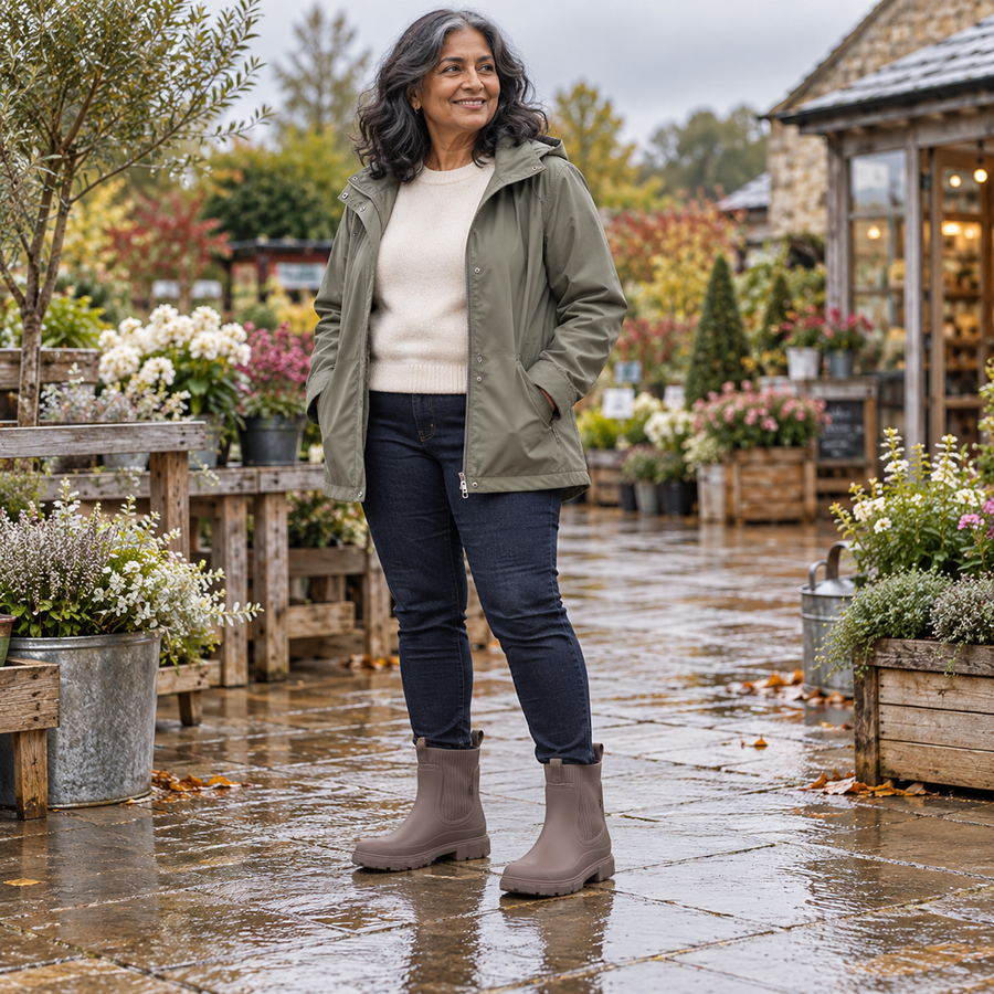 Lorna Chelsea Rain Boots in Mushroom - worn on a rainy day