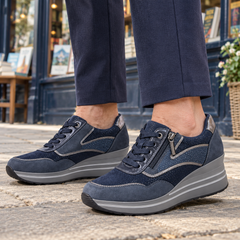 Lynda Zip & Lace Wedge Trainers in Navy, worn out and about