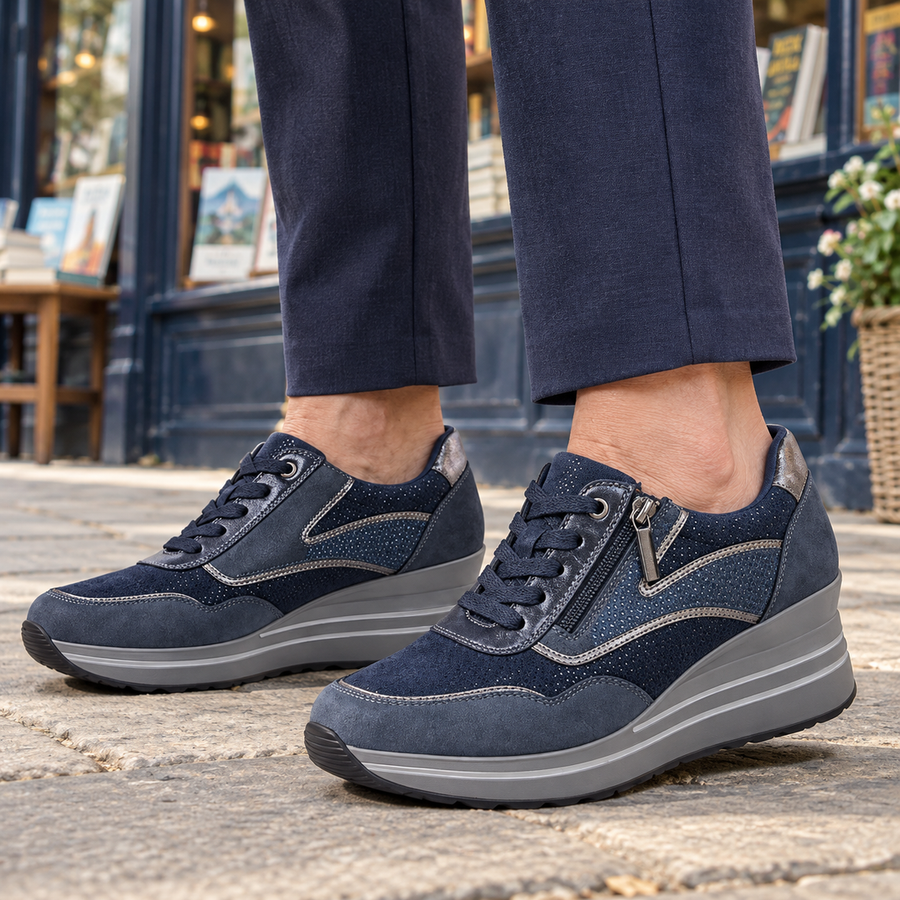 Lynda Zip & Lace Wedge Trainers in Navy, worn out and about