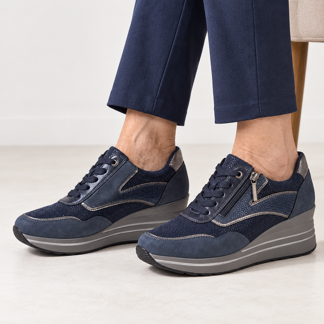 Lynda Zip & Lace Wedge Trainers in Navy