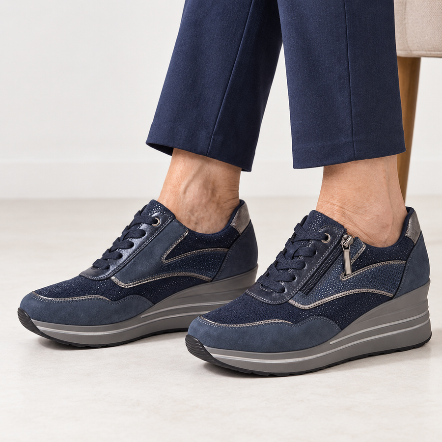 Lynda Zip & Lace Wedge Trainers in Navy