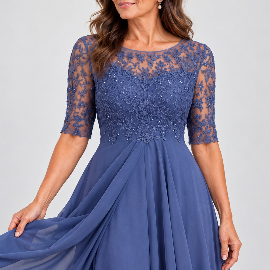 Close-up of the Lynette Lace Bodice Tiered Chiffon Midi Dress in Blue