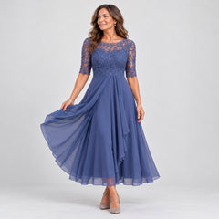 The Lynette Lace Bodice Tiered Chiffon Midi Dress in Blue