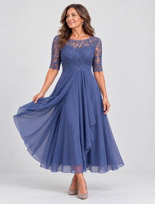 The Lynette Lace Bodice Tiered Chiffon Midi Dress in Blue