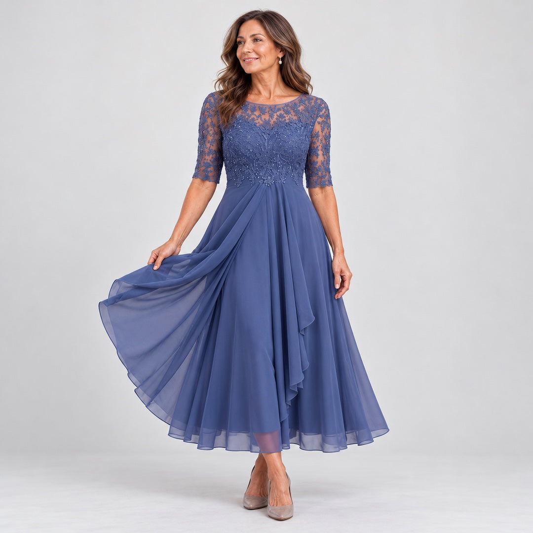 The Lynette Lace Bodice Tiered Chiffon Midi Dress in Blue