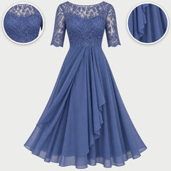 The Lynette Lace Bodice Tiered Chiffon Midi Dress in Blue, with close-ups of the details