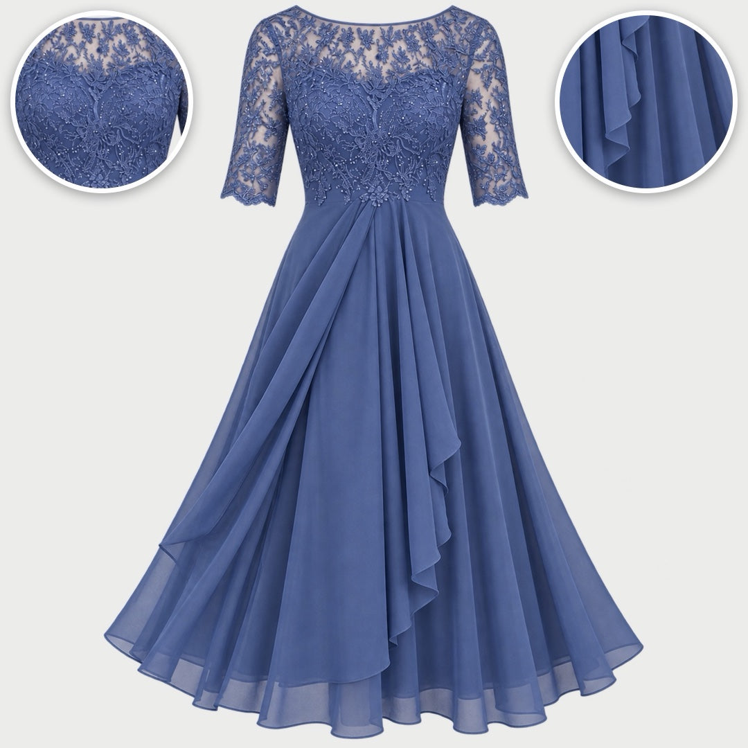 The Lynette Lace Bodice Tiered Chiffon Midi Dress in Blue, with close-ups of the details