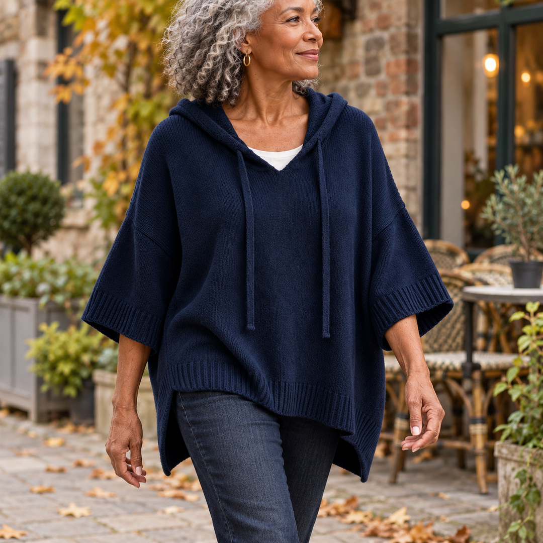 Maggie Hooded Knit Poncho Jumper in Navy, worn out and about
