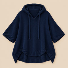 Maggie Hooded Knit Poncho Jumper in Navy, the whole piece laid flat