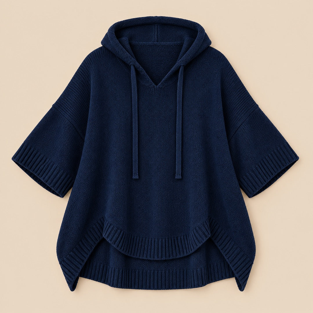Maggie Hooded Knit Poncho Jumper in Navy, the whole piece laid flat