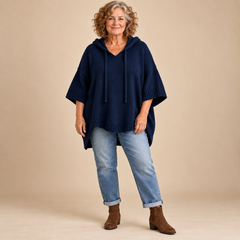 Maggie Hooded Knit Poncho Jumper in Navy