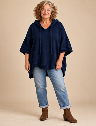 Maggie Hooded Knit Poncho Jumper in Navy