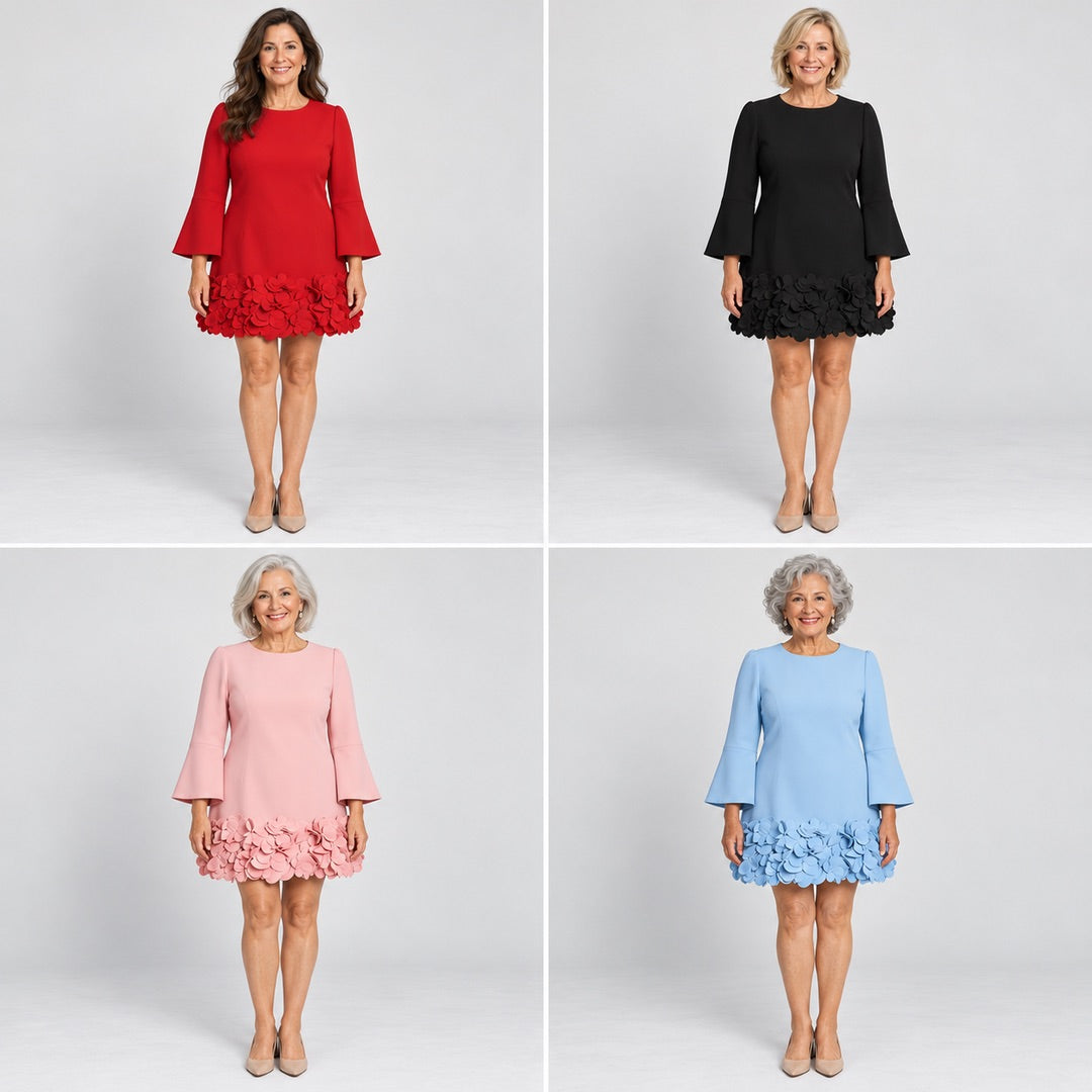 Women of different ages wearing the Marcia dress in Red, Black, Pink and Light Blue