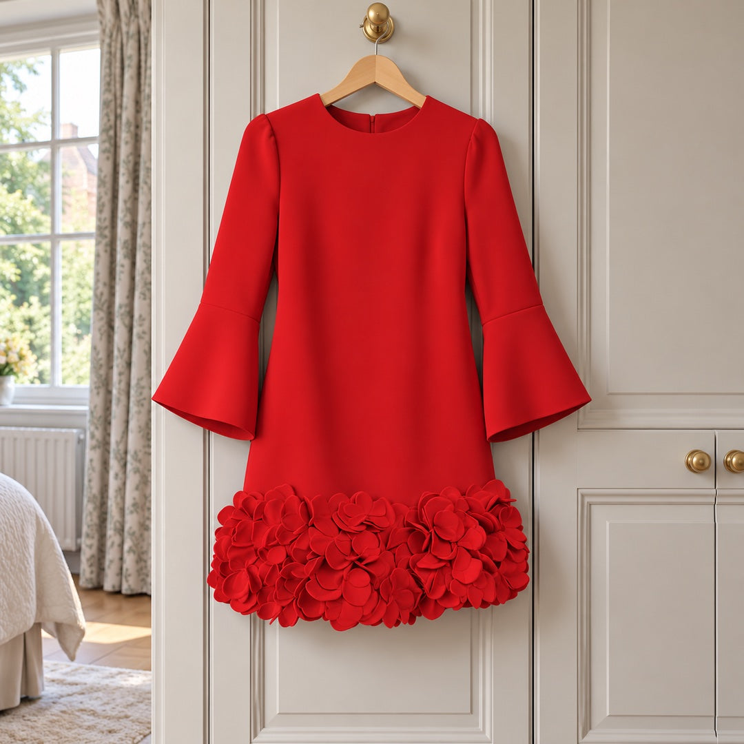 The Marcia Flared Sleeve Dress with Flower Hem in Red on a hanger
