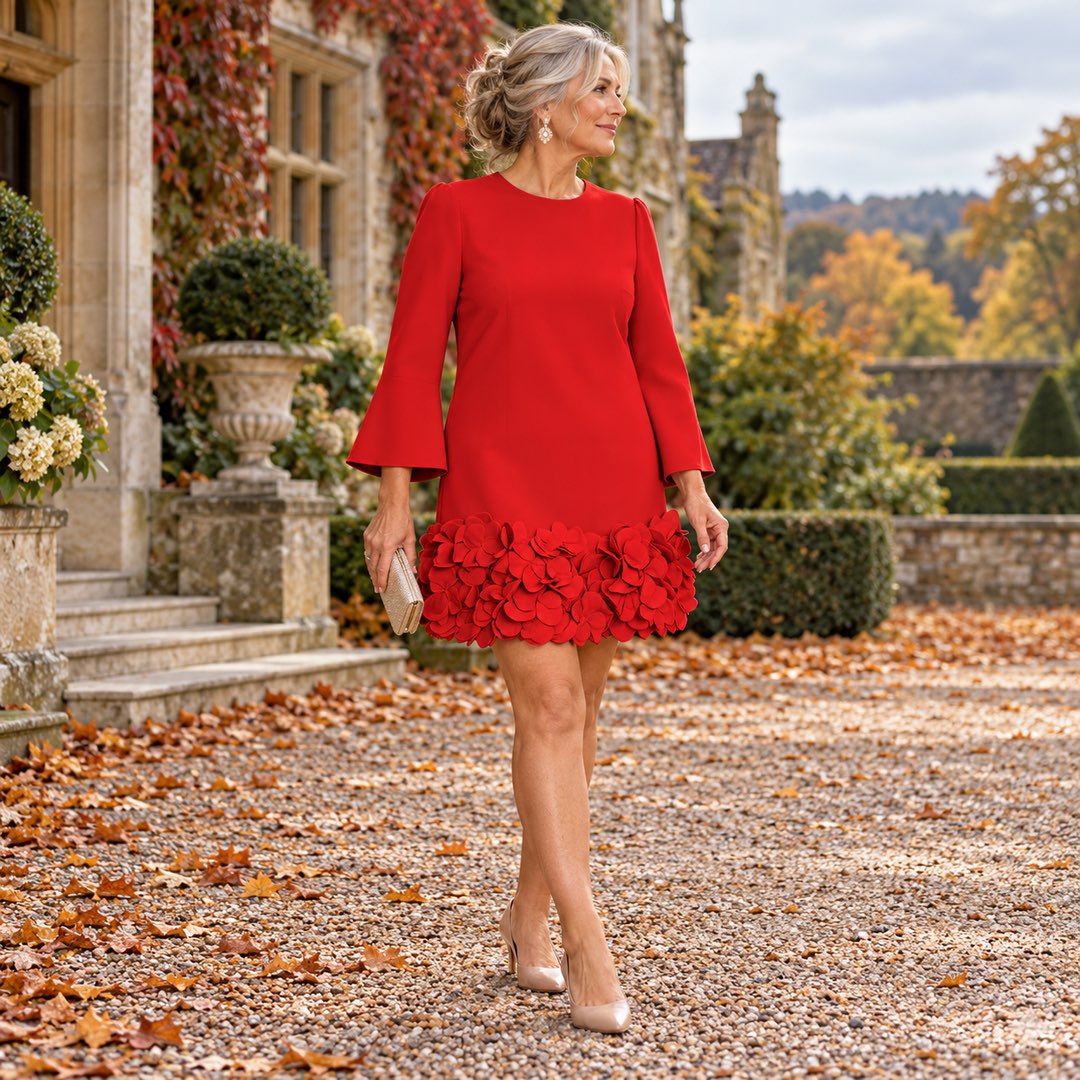 A woman wearing the Marcia Flared Sleeve Dress with Flower Hem in Red