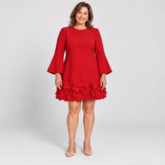 Marcia Flared Sleeve Dress with Flower Hem in Red
