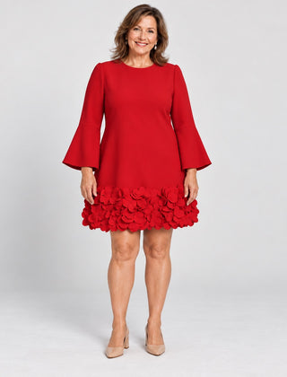 Marcia Flared Sleeve Dress with Flower Hem in Red