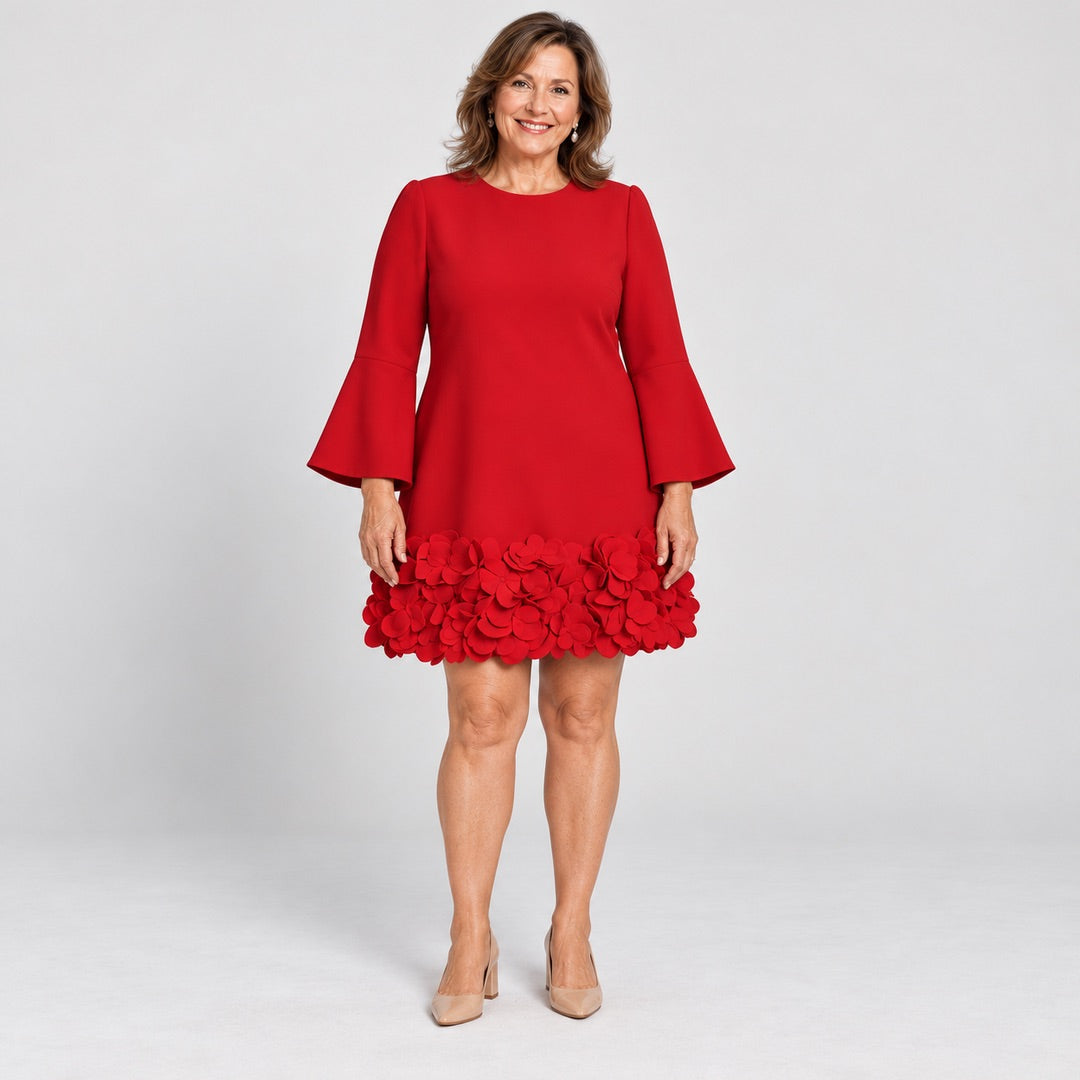 Marcia Flared Sleeve Dress with Flower Hem in Red