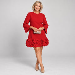 The Marcia Flared Sleeve Dress with Flower Hem in Red