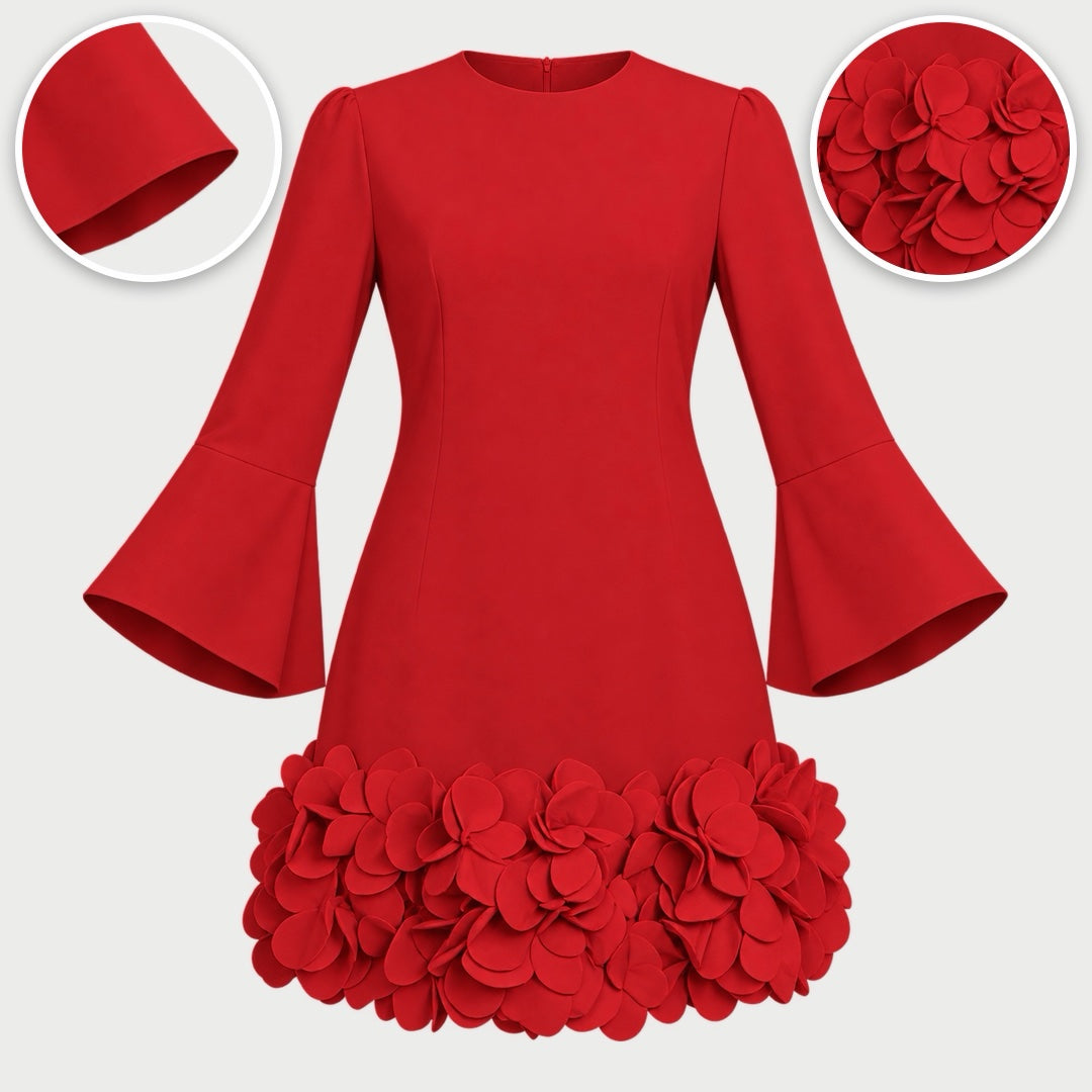 The Marcia Flared Sleeve Dress with Flower Hem in Red, with close-ups of the details