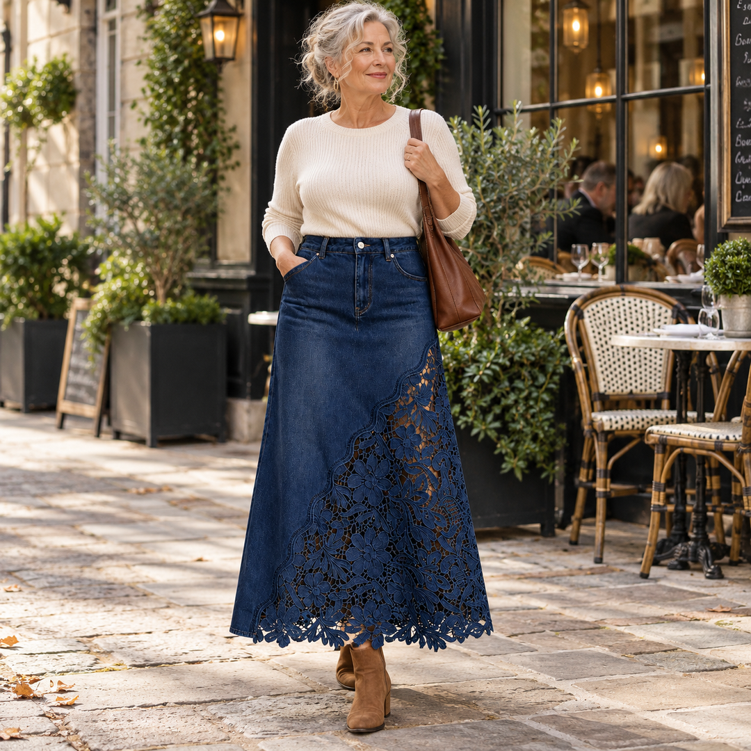 Annette Lace Panel Denim Maxi Skirt