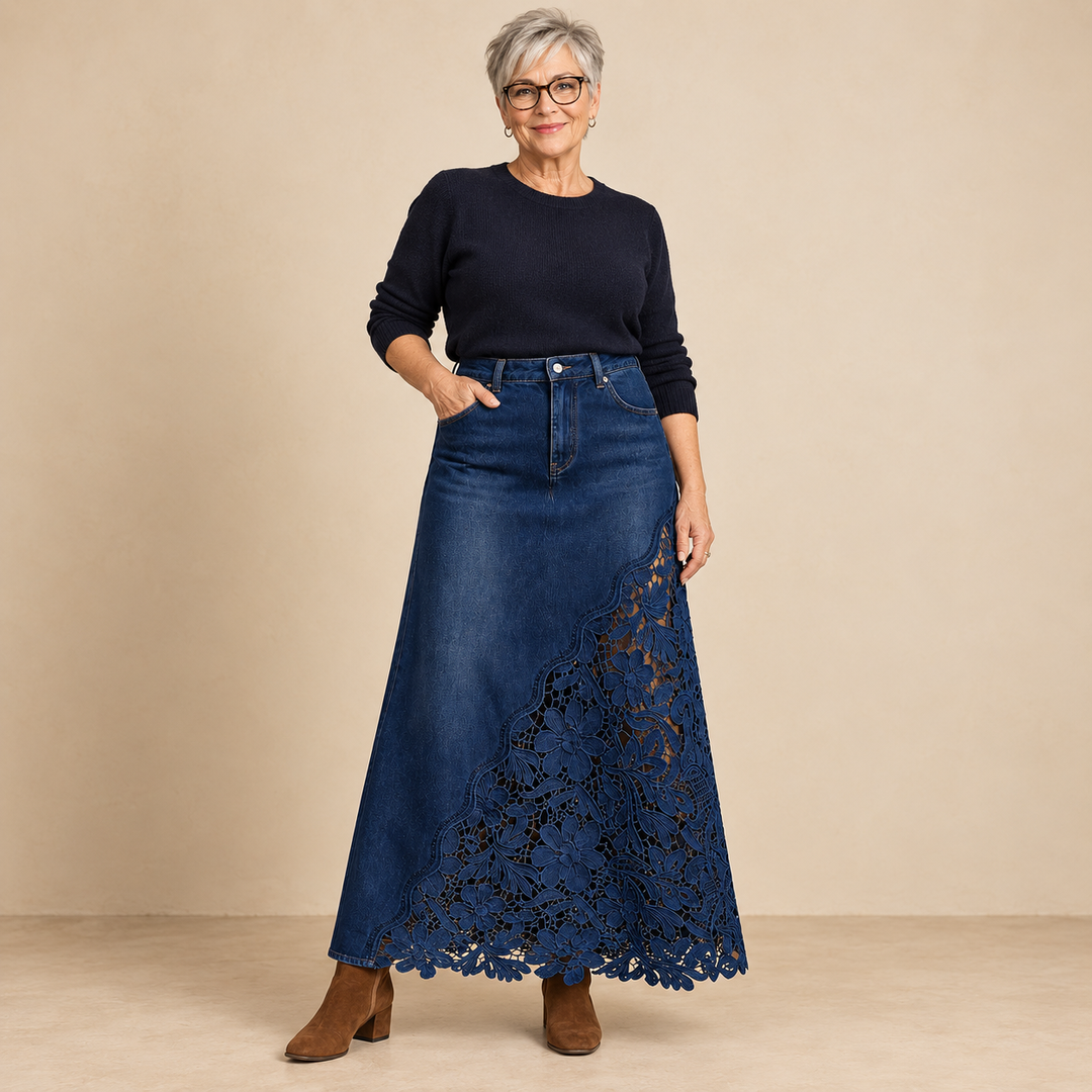 Annette Lace Panel Denim Maxi Skirt