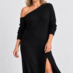 Close-up of the Marilyn One-Shoulder Knit Maxi Dress with Side Split in Black