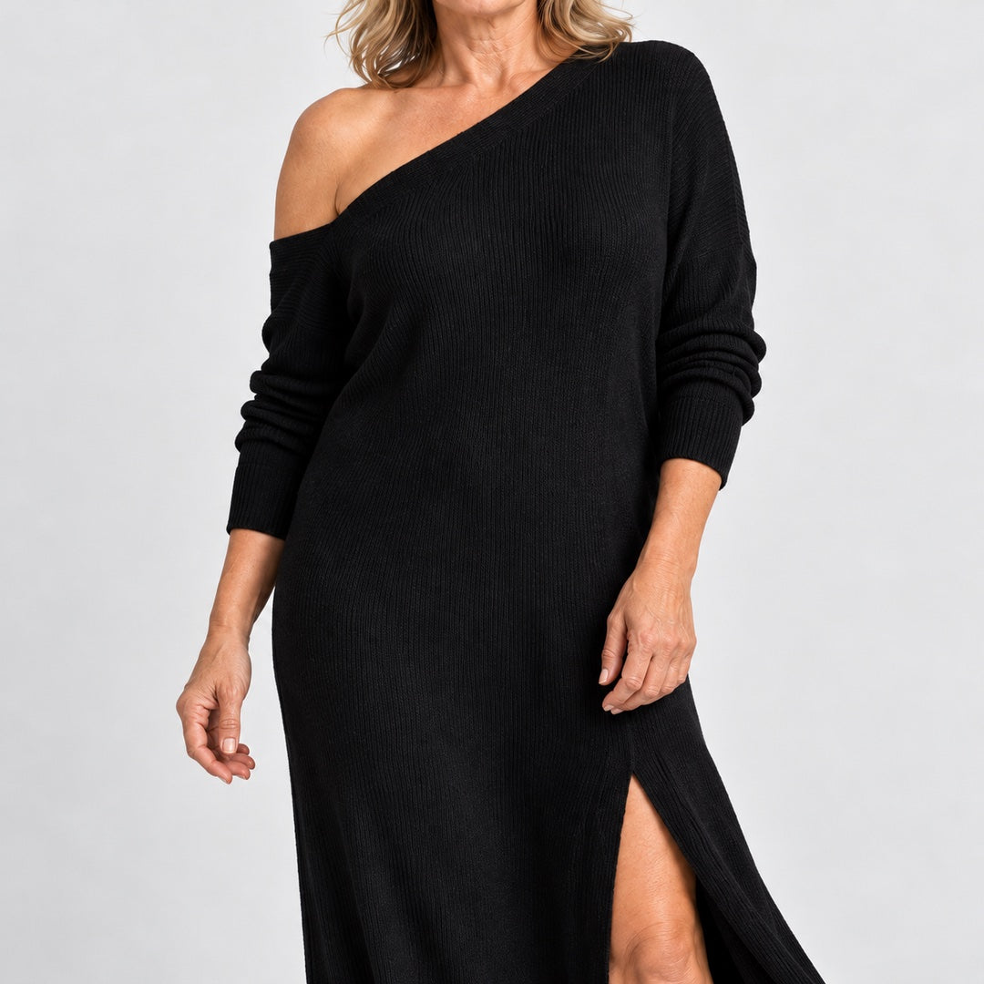 Close-up of the Marilyn One-Shoulder Knit Maxi Dress with Side Split in Black